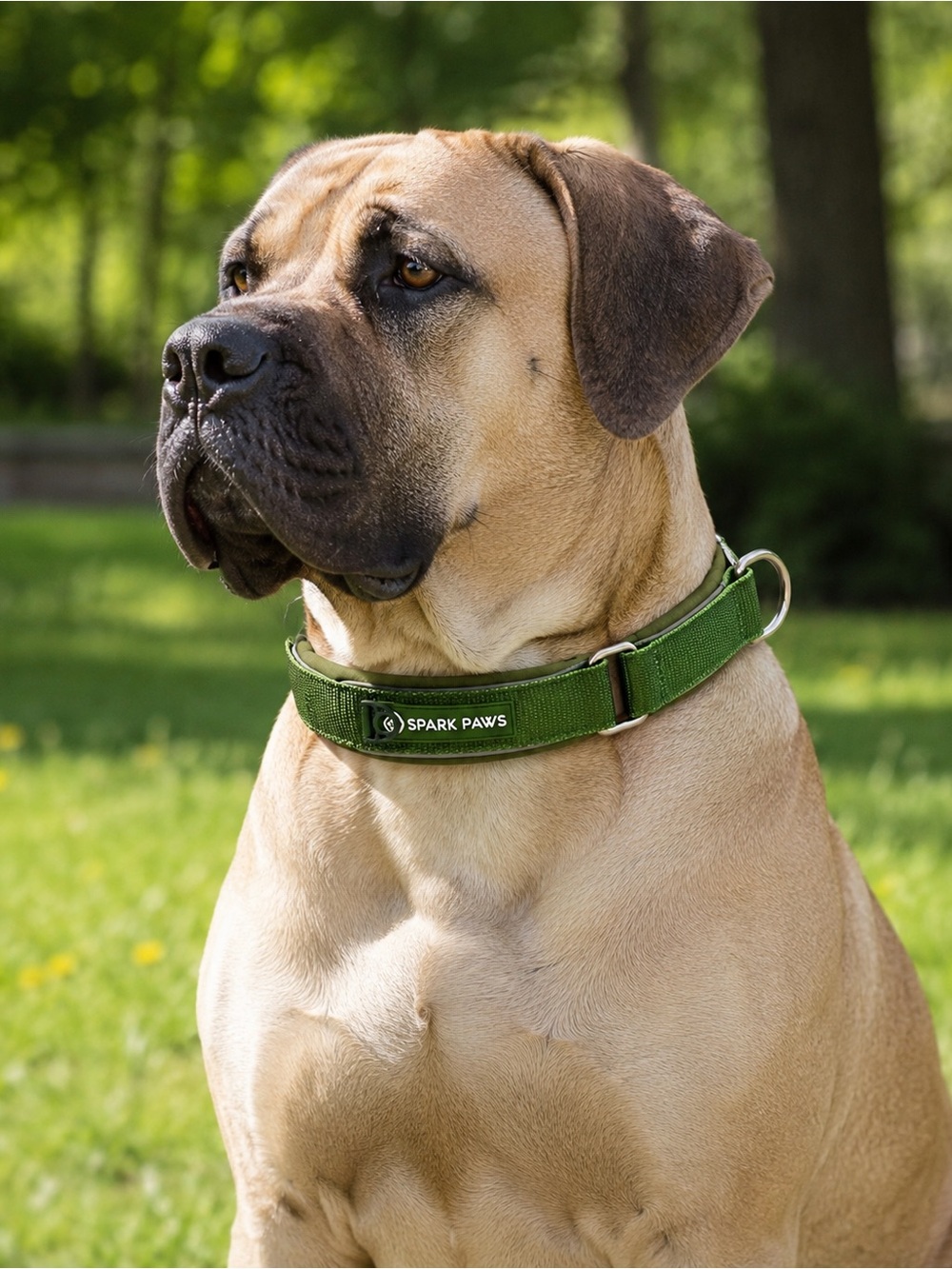 Spark Paws XXL Padded  Dog Collar – Olive Green | Reflective | Heavy Duty SZ E